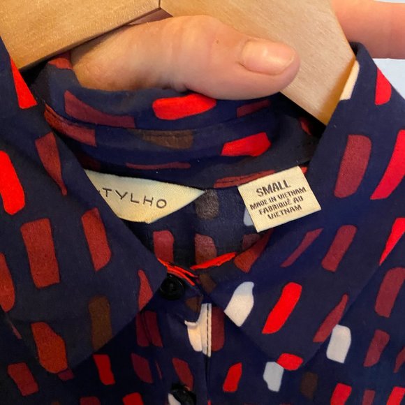 11.1 Tylho Anthropologie Women's Brynn Shirt Dress Size M Geometric Blue/Red/ - Picture 5 of 5